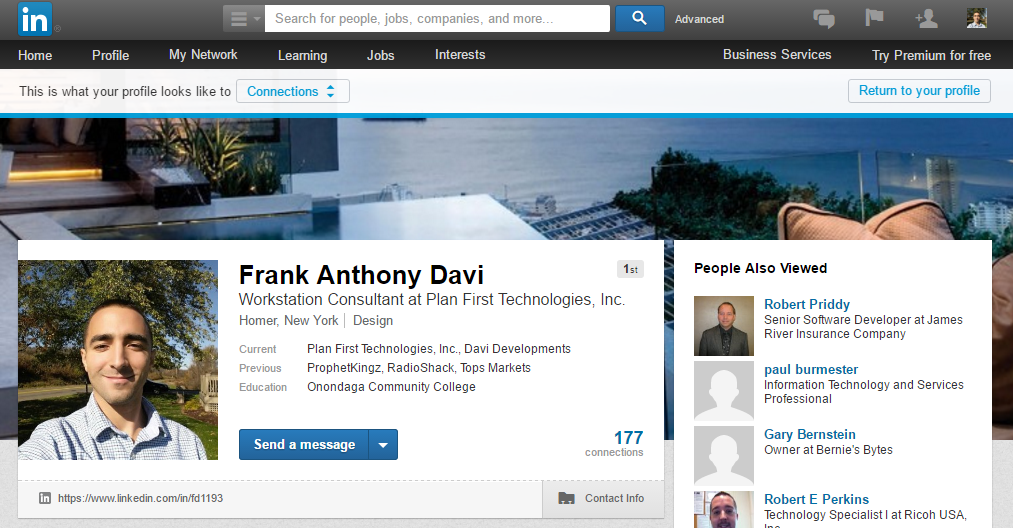 A screenshot preview of my Linked In page, this is where you can find my most updated experience list.